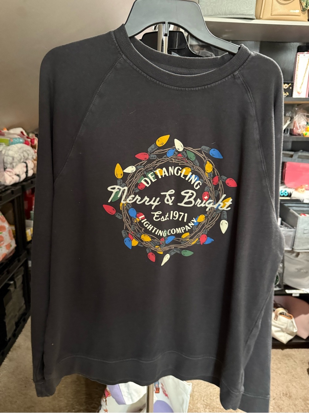 Merry & Bright Black Holiday Sweatshirt with Festive Light Wreath Size L
